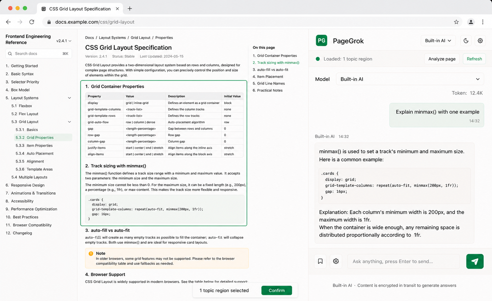 PageGrok selecting one webpage content region and answering a question in the browser side panel